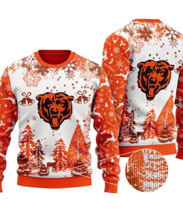 Ugly Christmas Sweater Chicago-Bears, Da Chicago-Bears Grinch Christmas Snowflakes Pine Tree White Orange