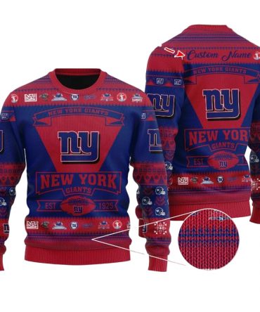 Personalized Ugly Christmas Sweater New-York-Giants, G-Men Blue/Red Custom Name Gift For Football Fan Ugly Xmas Jumper