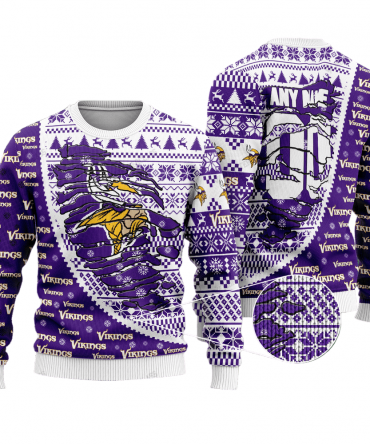 Personalized Ugly Christmas Sweater Minnesota, Go Vikes Violet/White Custom Name And Number Gift For Football Fan Ugly Xmas Jumper