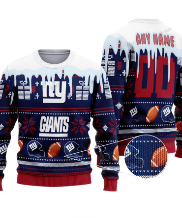Personalized Ugly Christmas Sweater New-York-Giants, G-Men White/Blue/Red Custom Name And Number Gift For Football Fan Ugly Xmas Jumper