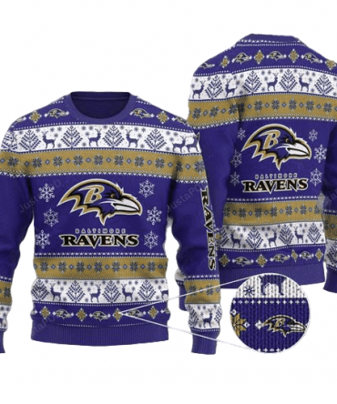Ugly Christmas Sweater Baltimore-Ravens, Ravens Flock Violet/White/Gold