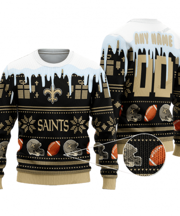 Personalized Ugly Christmas Sweater New-Orleans-Saints, Go Saints! Black/White/Beige Custom Name And Number Gift For Football Fan Ugly Xmas Jumper