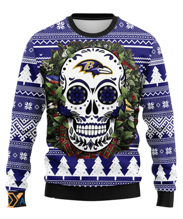 Ugly Christmas Sweater Baltimore-Ravens, Skull Flower Blue/White