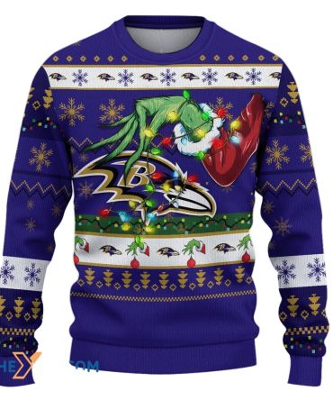 Ugly Christmas Sweater Baltimore-Ravens, Go Baltimore-Ravens Grinch Christmas Snowflakes Navy