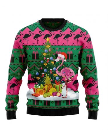 Pink Flamingo With Colorful Light And Pine Tree Gift For Christmas Ugly Christmas Sweater
