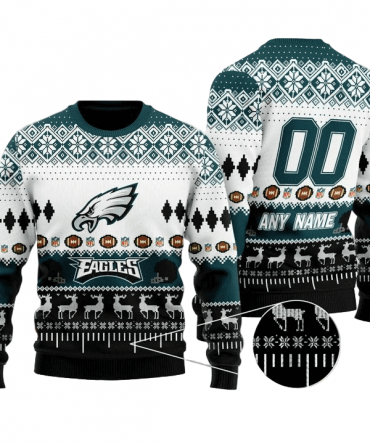 Personalized Ugly Christmas Sweater Philadelphia-Eagles, Fly Eagles Fly White/Green/Black Custom Name And Number Gift For Football Fan Ugly Xmas Jumper