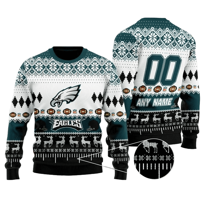 Personalized Ugly Christmas Sweater Philadelphia-Eagles, Fly Eagles Fly White/Green/Black Custom Name And Number Gift For Football Fan Ugly Xmas Jumper