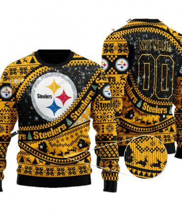 Personalized Ugly Christmas Sweater Pittsburgh, Steel Curtain Yellow/Black Custom Name And Number Gift For Football Fan Ugly Xmas Jumper