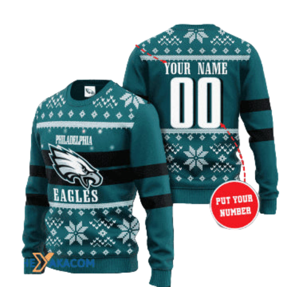 Personalized Ugly Christmas Sweater Philadelphia-Eagles, Fly Eagles Fly Grey/Green Custom Name And Number Gift For Football Fan Ugly Xmas Jumper