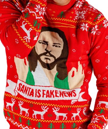 Red Jesus Print Ugly Christmas Sweater | Santa Is Fake News