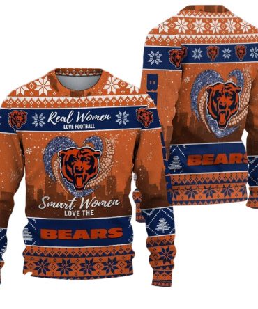 Ugly Christmas Sweater Chicago-Bears, Grinch Christmas Chicago-Bears In Heart Snowflakes City Shadow Orange