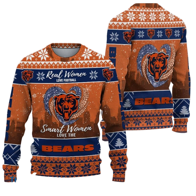 Ugly Christmas Sweater Chicago-Bears, Grinch Christmas Chicago-Bears In Heart Snowflakes City Shadow Orange