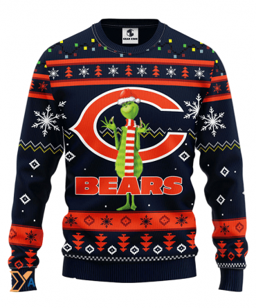 Ugly Christmas Sweater Chicago-Bears, Grinch Blue/Orange/Black