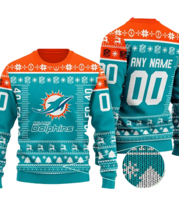 Personalized Ugly Christmas Sweater Miamidolphins, Go Fins Dark Green/Orange Any Name Number Gift For Football Fan Ugly Xmas Jumper