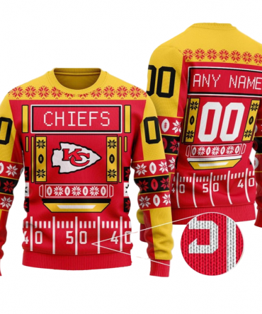 Personalized Ugly Christmas Sweater KCChiefs, Run It Back Red/Yellow Custom Name And Number Gift For Football Fan Ugly Xmas Jumper
