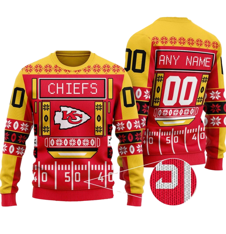 Personalized Ugly Christmas Sweater KCChiefs, Run It Back Red/Yellow Custom Name And Number Gift For Football Fan Ugly Xmas Jumper