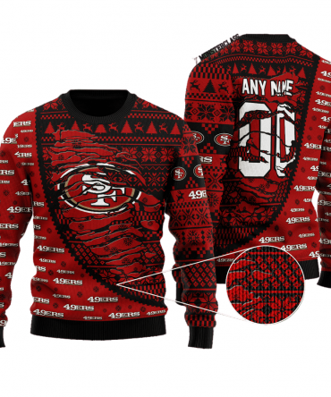 Personalized Ugly Christmas Sweater San-Francisco, Go Niners Black/Red Custom Name And Number Gift For Football Fan Ugly Xmas Jumper