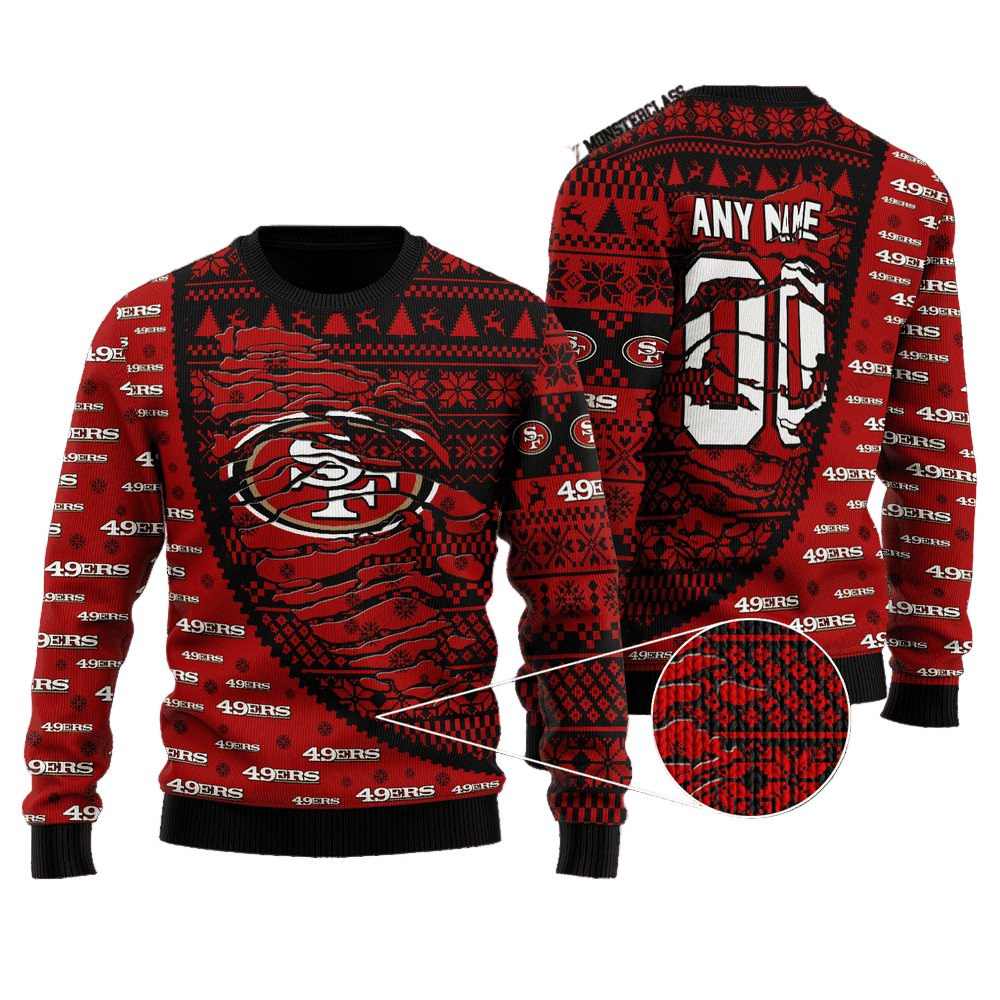 Personalized Ugly Christmas Sweater San-Francisco, Go Niners Black/Red Custom Name And Number Gift For Football Fan Ugly Xmas Jumper