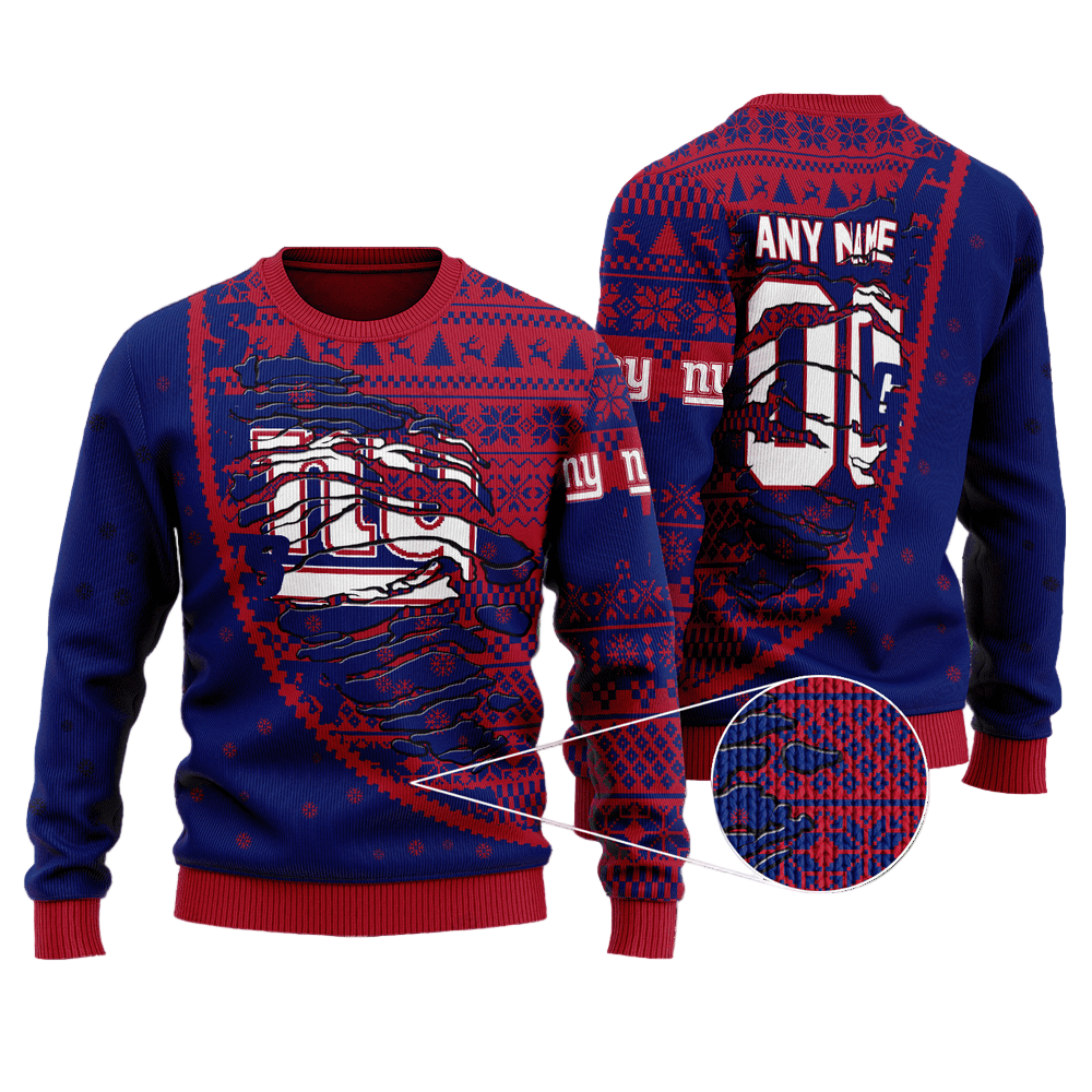 Personalized Ugly Christmas Sweater New-York-Giants, G-Men Blue/Red Custom Name And Number Gift For Football Fan Ugly Xmas Jumper