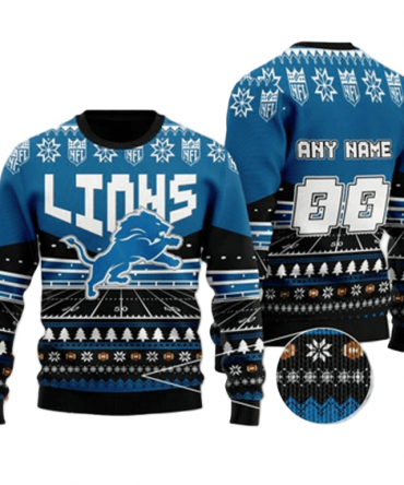 Personalized Ugly Christmas Sweater Detroit-Lions, One Pride Blue/Black Custom Name And Number Gift For Football Fan Ugly Xmas Jumper
