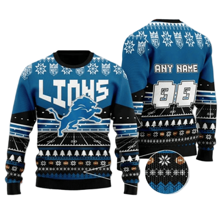 Personalized Ugly Christmas Sweater Detroit-Lions, One Pride Blue/Black Custom Name And Number Gift For Football Fan Ugly Xmas Jumper