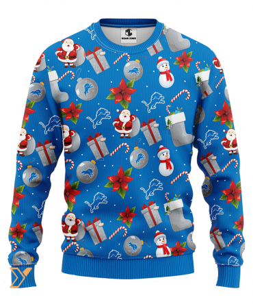 Ugly Christmas Sweater Detroit-Lions, Santa Claus Snowman Blue