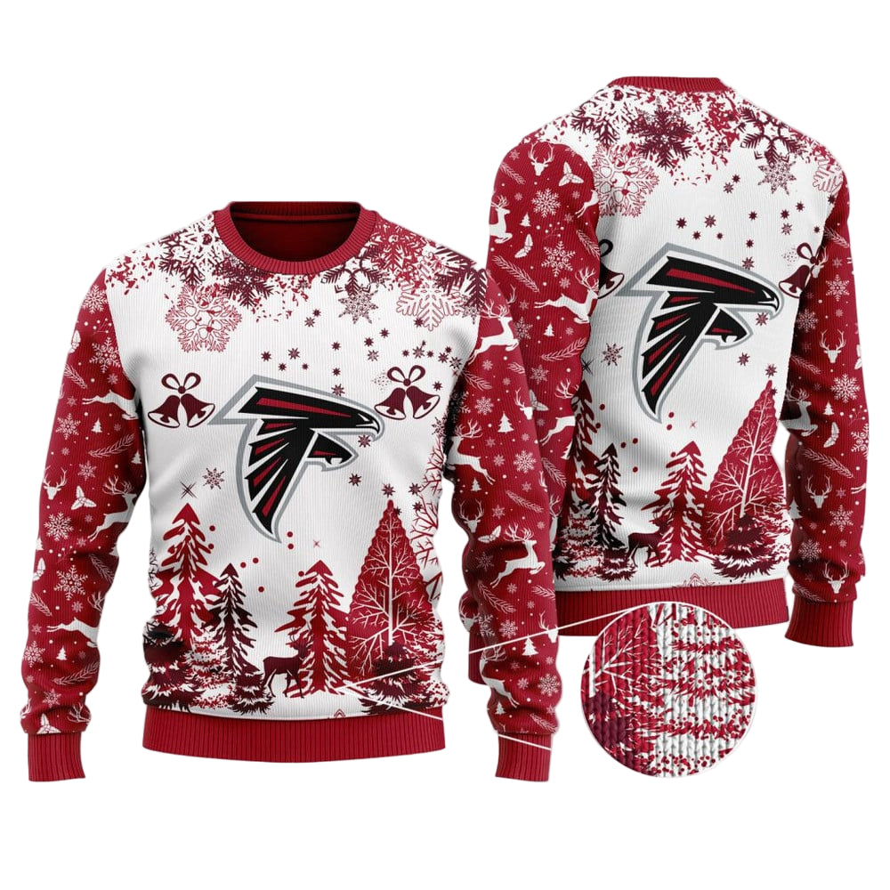 Ugly Christmas Sweater Atlanta-Falcons, Rise Up Grinch Christmas Snowflakes Pine Tree White Red