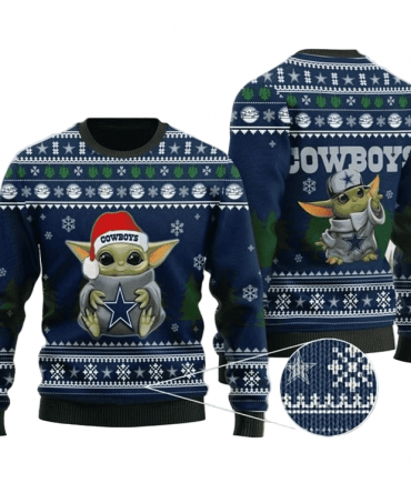 Ugly Christmas Sweater Dallas-Cowboys, Baby Yoda Green/Blue/White