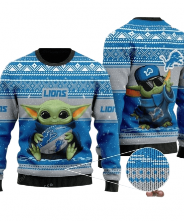 Ugly Christmas Sweater Detroit-Lions, Baby Yoda Orange/White/Blue