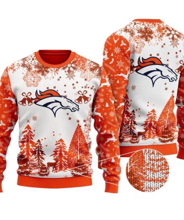 Ugly Christmas Sweater Denver-Broncos, United In Orange Grinch Christmas Snowflakes Pine Tree White Orange