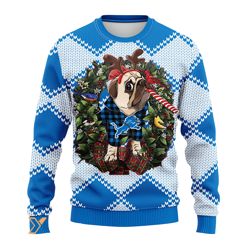 Ugly Christmas Sweater Detroit-Lions, Pub Dog Blue/White