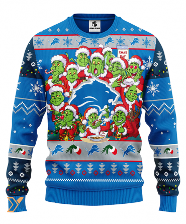 Ugly Christmas Sweater Detroit-Lions, 12 Grinch Blue/Grey