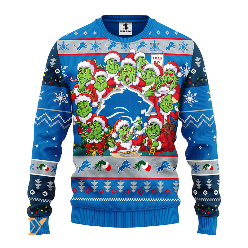 Ugly Christmas Sweater Detroit-Lions, 12 Grinch Blue/Grey