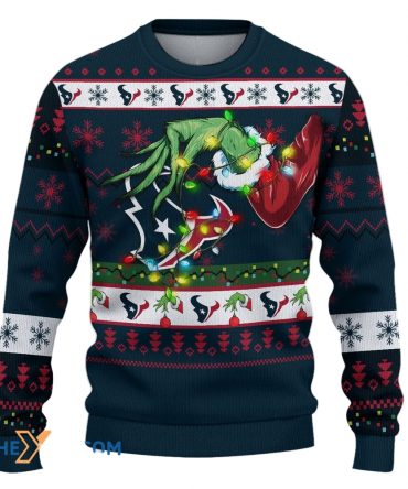 Ugly Christmas Sweater Houston-Texans, Go Houston-Texans Grinch Christmas Snowflakes Steel Blue