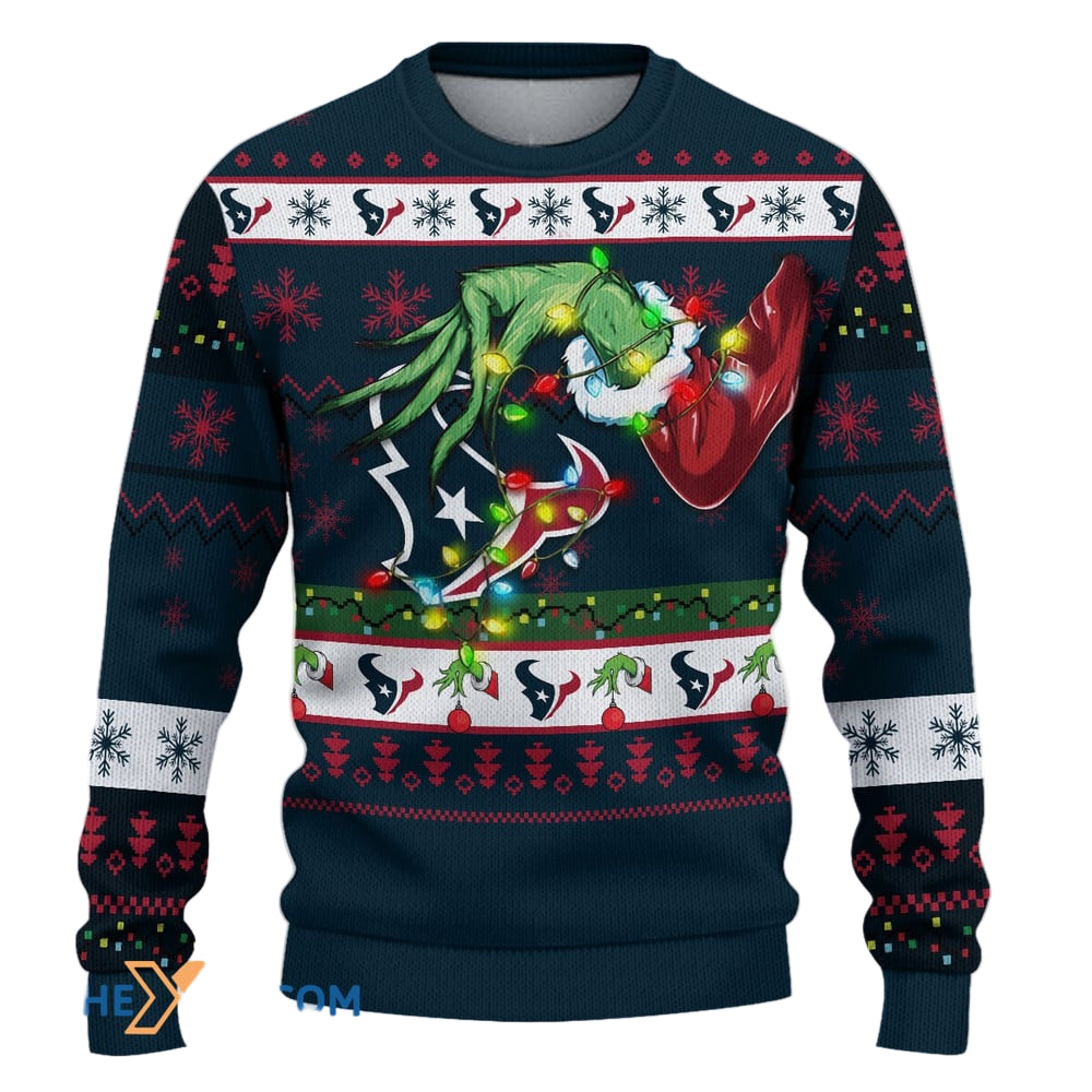 Ugly Christmas Sweater Houston-Texans, Go Houston-Texans Grinch Christmas Snowflakes Steel Blue