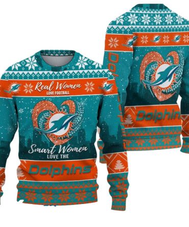Ugly Christmas Sweater Miamidolphins, Grinch Christmas Miamidolphins In Heart Snowflakes City Shadow Aqua Orange