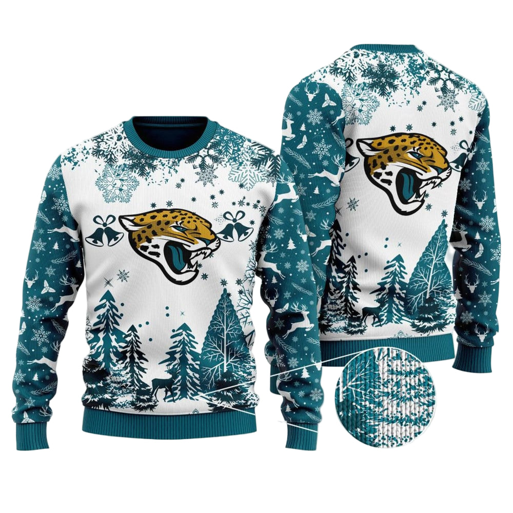 Ugly Christmas Sweater Jacksonville-Jaguars, Go Jacksonville-Jaguars Grinch Christmas Snowflakes Pine Tree White Teal