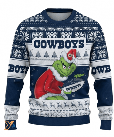 Ugly Christmas Sweater Dallas-Cowboys, The Grinch White/Blue