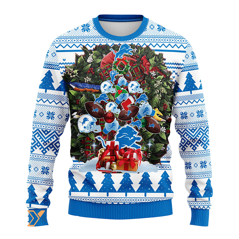 Ugly Christmas Sweater Detroit-Lions, Tree Blue/White