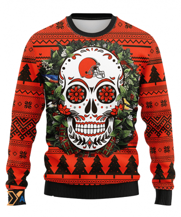 Ugly Christmas Sweater Cleveland-Browns, Skull Flower Brown/Orange