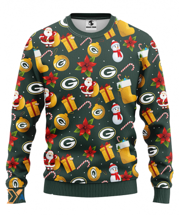 Ugly Christmas Sweater Green-Bay-Packers, Santa Claus Snowman Green