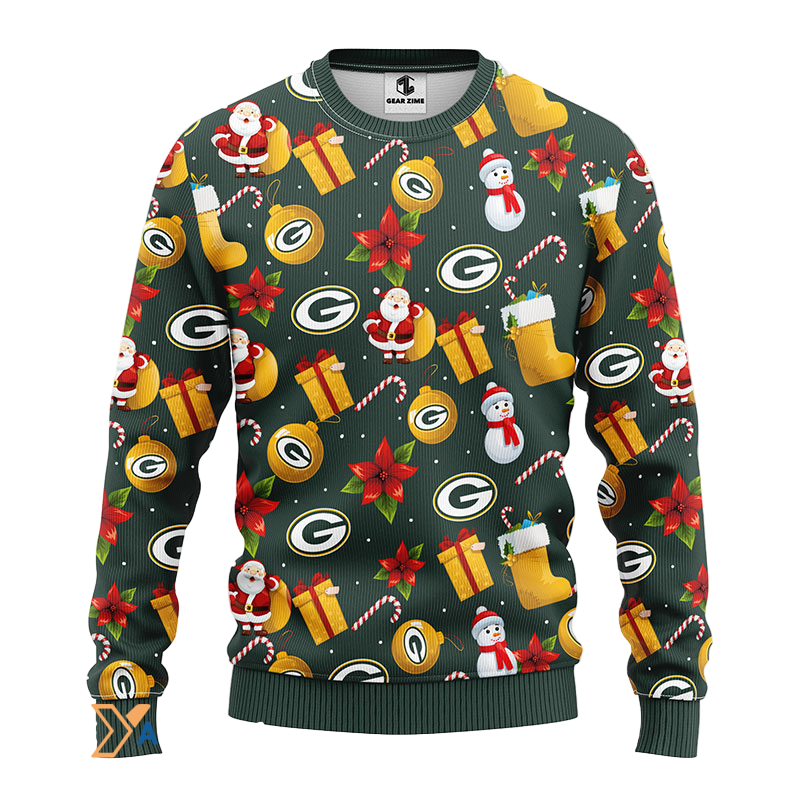 Ugly Christmas Sweater Green-Bay-Packers, Santa Claus Snowman Green