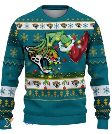 Ugly Christmas Sweater Jacksonville-Jaguars, Go Jacksonville-Jaguars Grinch Christmas Snowflakes Teal
