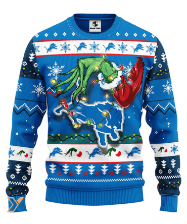 Ugly Christmas Sweater Detroit-Lions, Grinch Blue/White
