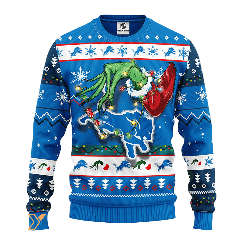 Ugly Christmas Sweater Detroit-Lions, Grinch Blue/White