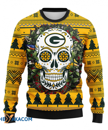 Ugly Christmas Sweater Green-Bay-Packers, Skull Flower Green/Yellow