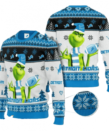 Ugly Christmas Sweater Detroit-Lions, The Grinch Blue/White/Black