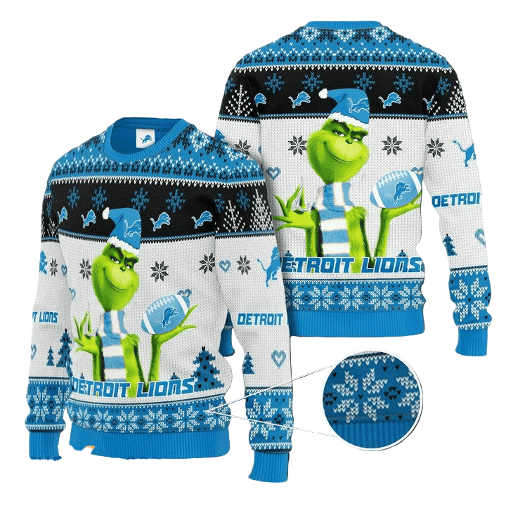 Ugly Christmas Sweater Detroit-Lions, The Grinch Blue/White/Black