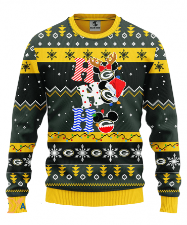 Ugly Christmas Sweater Green-Bay-Packers, HoHoHo Graphics Mouse Green/Yellow/Black