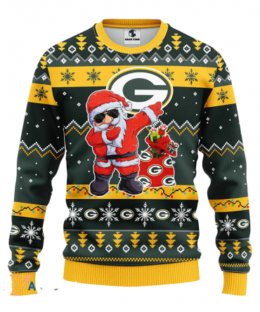 Ugly Christmas Sweater Green-Bay-Packers, Santa Claus Green/Yellow